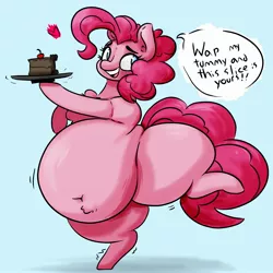 Size: 2576x2580 | Tagged: safe, artist:somefrigginnerd, derpibooru import, pinkie pie, earth pony, pony, belly, belly button, belly fluff, big belly, blue background, cake, cherry, chest fluff, chubbie pie, dialogue, fat, female, food, heart, high res, huge belly, image, jpeg, morbidly obese, obese, plate, pudgy pie, simple background, smiling, solo, speech bubble, standing, standing on one leg, talking to viewer, thighs, thunder thighs