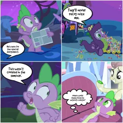 Size: 1400x1400 | Tagged: safe, derpibooru import, edit, edited screencap, screencap, fleur de verre, spike, twilight sparkle, crystal pony, dragon, pony, unicorn, luna eclipsed, owl's well that ends well, power ponies (episode), princess spike (episode), bed, comic, couch, detective, golden oaks library, halloween, holiday, image, jpeg, library, movie reference, nightmare night, rush hour, screencap comic, speech bubble, thought bubble