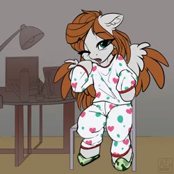 Size: 3364x3364 | Tagged: safe, artist:airfly-pony, derpibooru import, oc, oc:scarlett drop, unofficial characters only, pegasus, pony, clothes, cute, eye clipping through hair, female, image, long hair, looking at you, ocbetes, one eye closed, open mouth, pajamas, png, sitting, slippers, wings, yawn
