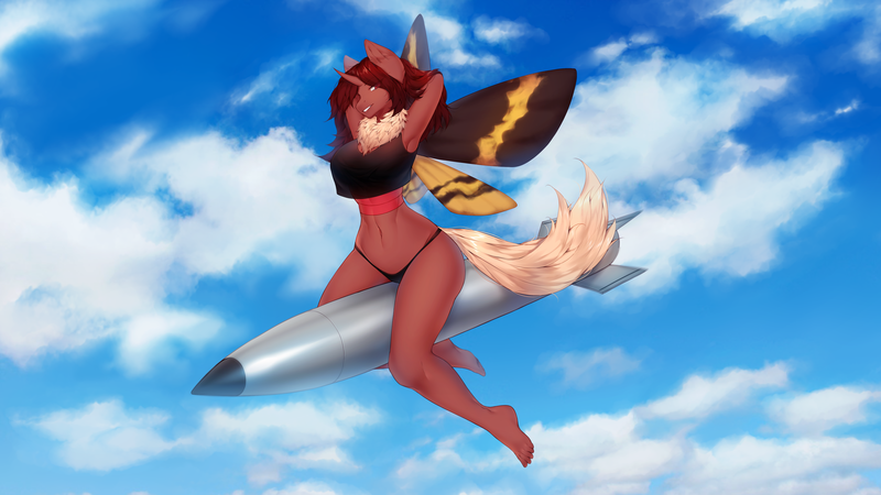 Size: 5355x3012 | Tagged: suggestive, artist:mashiro, derpibooru import, oc, oc:flechette, unofficial characters only, anthro, changeling, insect, moth, mothling, original species, plantigrade anthro, arm behind head, belly button, black underwear, bomb, breasts, chest fluff, clothes, ear fluff, female, horn, image, looking at you, panties, png, red changeling, riding a bomb, shirt, sky, solo, solo female, species swap, underwear, weapon, wings