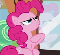 Size: 1174x1080 | Tagged: safe, derpibooru import, screencap, pinkie pie, party pooped, cropped, female, image, jpeg, reflection, sitting, solo, train