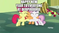 Size: 800x450 | Tagged: safe, derpibooru import, edit, edited screencap, editor:lord you know who, screencap, apple bloom, scootaloo, sweetie belle, pony, apple, bucket, caption, cutie mark crusaders, discovery family logo, food, happy new year, heartwarming, holiday, hug, image, png, positive ponies, text