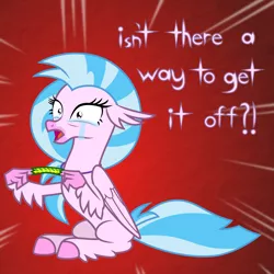Size: 6969x6969 | Tagged: safe, artist:kmlp, derpibooru import, silverstream, classical hippogriff, hippogriff, adorable distress, caption, chinese finger trap, crying, cute, derpibooru exclusive, female, gradient background, image, open mouth, png, scared, sitting, solo, tears of fear, vector