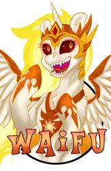 Size: 1237x1912 | Tagged: safe, artist:hobbes-maxwell, derpibooru import, daybreaker, badge, evil grin, grin, image, jpeg, simple background, smiling, solo, waifu, waifu badge, white background