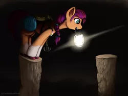 Size: 2000x1500 | Tagged: safe, artist:redquoz, derpibooru import, sunny starscout, earth pony, pony, bag, balancing, braided ponytail, cave, coat markings, dark background, digital painting, female, g5, grappling hook, harness, image, jpeg, lantern, leaning forward, mare, mouth hold, paintstorm studio, saddle bag, solo, tack, watermark