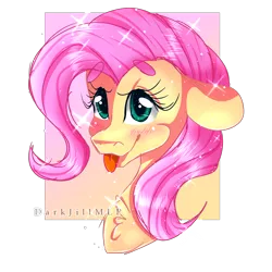 Size: 2000x2000 | Tagged: safe, artist:darkjillmlp123, derpibooru import, fluttershy, pegasus, pony, :p, beanbrows, blushing, bust, chest fluff, cute, eyebrows, eyebrows visible through hair, female, floppy ears, gradient background, high res, image, looking at you, mare, partial background, png, portrait, shyabetes, simple background, smiling, solo, sparkles, three quarter view, tongue out, transparent background