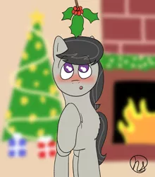 Size: 2900x3300 | Tagged: safe, artist:demitri, derpibooru import, octavia melody, earth pony, pony, blurred background, blushing, chest fluff, christmas, christmas lights, christmas presents, christmas tree, female, fire, fireplace, front view, holiday, holly, holly mistaken for mistletoe, image, jpeg, looking up, offscreen character, pov, signature, solo, tree, wingding eyes