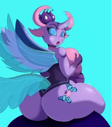 Size: 1920x2194 | Tagged: suggestive, artist:suirano, derpibooru import, oc, oc:sektiss, unofficial characters only, anthro, changedling, changeling, pony, unguligrade anthro, anthro oc, ass, belly, big breasts, blue background, breast grab, breast hold, breasts, bugbutt, busty changedling, butt, chubby, chunkling, covering, crown, cutie mark, female, grope, huge breasts, huge butt, image, jewelry, large butt, looking at you, looking back, looking back at you, looking over shoulder, mare, nudity, open mouth, plump, png, purple changeling, rear view, regalia, self grope, simple background, solo, solo female, tail, the ass was fat, thighs, thunder thighs, wide eyes, wide hips, wings