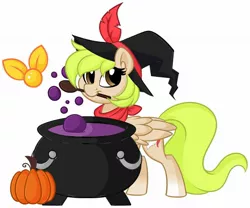 Size: 2048x1706 | Tagged: safe, artist:missbramblemele, derpibooru import, oc, oc:pixie, unofficial characters only, fairy, pegasus, pony, cauldron, clothes, feather, hat, image, jpeg, looking at you, pumpkin, scarf, simple background, solo, white background, witch hat
