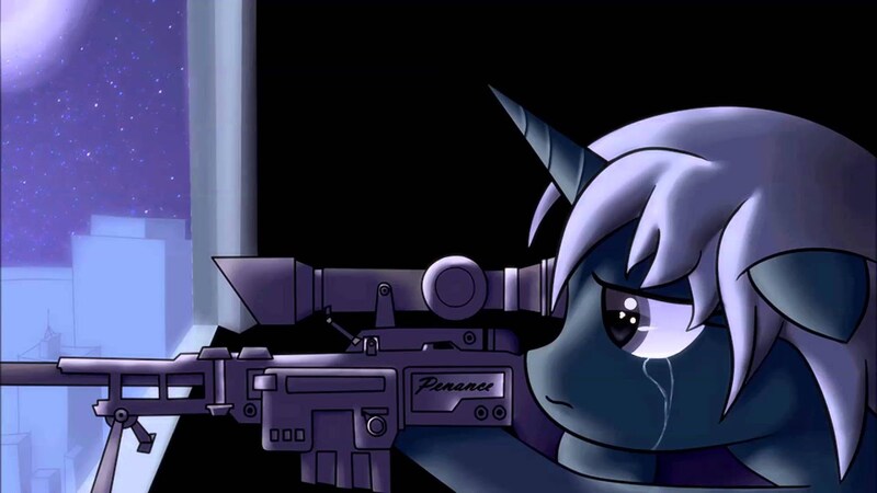 Size: 1280x720 | Tagged: safe, artist:pony&wolf productions, derpibooru import, oc, oc:psalm, pony, fallout equestria, fallout equestria: project horizons, city, crying, fanfic art, image, jpeg, night, penance (psalm's rifle), regret, tears of pain, window, youtube link