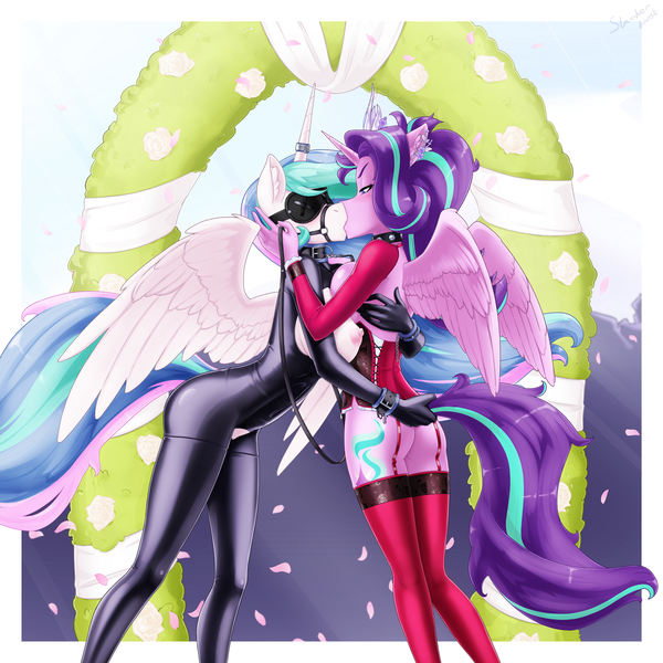 Size: 2560x2560 | Tagged: questionable, alternate version, artist:slackerburst, derpibooru import, princess celestia, starlight glimmer, alicorn, anthro, pony, alicornified, asymmetrical docking, blindfold, blushing, bodysuit, bondage, boob window, breasts, bridle, busty princess celestia, busty starlight glimmer, butt, choker, clothes, collar, commission, corset, crotchless, cuffs, domination, dominatrix, ear fluff, evening gloves, eye contact, female, femdom, femsub, garters, glimmer glutes, gloves, happy bondage, horn, horn ring, image, jewelry, kissing, latex, latex suit, leash, lesbian, lidded eyes, lock, long gloves, looking at each other, magic suppression, mare, marriage, nipples, nudity, padlock, png, race swap, ring, shipping, socks, spiked choker, stardom glimmer, starlestia, starlicorn, sublestia, submissive, tack, thigh highs, wedding, xk-class end-of-the-world scenario