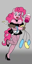 Size: 400x800 | Tagged: suggestive, artist:carelessdoodler, derpibooru import, pinkie pie, anthro, earth pony, breasts, busty pinkie pie, clothes, crossed arms, digital art, dress, female, fishnets, gloves, high heels, image, maid, open mouth, png, shoes, simple background, socks, solo, solo female, stockings, tail, thigh highs, thighs