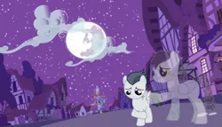 Size: 2500x1425 | Tagged: safe, artist:jawsandgumballfan24, derpibooru import, rumble, oc, ghost, pony, undead, colt, female, image, male, mare in the moon, moon, mother and child, mother and son, night, png, ponyville, sad, twilight's castle