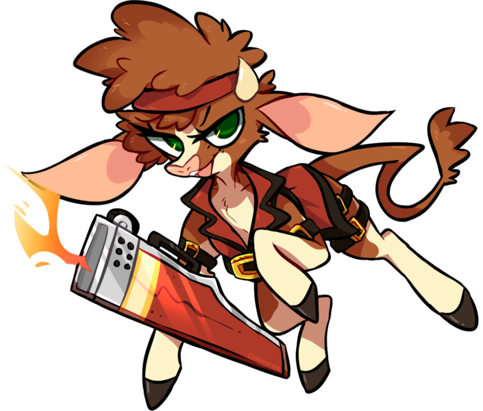 Size: 1388x1181 | Tagged: safe, artist:hoshmyposhes, derpibooru import, arizona cow, cow, them's fightin' herds, clothes, community related, female, guilty gear, headband, image, png, simple background, sol badguy, sword, transparent background, weapon