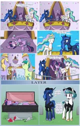 Size: 2480x3900 | Tagged: semi-grimdark, artist:maren, derpibooru import, princess celestia, princess luna, sandbar, twilight sparkle, twilight sparkle (alicorn), oc, alicorn, earth pony, pegasus, pony, unicorn, the last problem, blatant lies, broken neck, clothes, coffin, comic, commission, coronation, coronation dress, corpse, dark comedy, dead, death, dress, eyes closed, female, flower, funeral, hat, hoof shoes, hooves to the chest, image, jewelry, lying down, male, mare, neck snap, on back, open mouth, png, raised hoof, regalia, rose, royal sisters, second coronation dress, shirt, siblings, sisters, stallion, suspiciously specific denial, tombstones