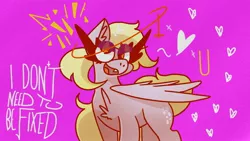 Size: 2048x1152 | Tagged: safe, artist:vylet pony, derpibooru import, derpy hooves, pegasus, pony, chest fluff, heart, image, jpeg, pink background, simple background, smiling, solo, spread wings, wings