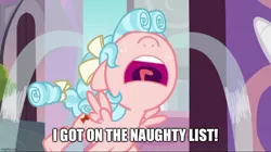 Size: 888x499 | Tagged: safe, derpibooru import, edit, edited screencap, screencap, cozy glow, pegasus, pony, marks for effort, caption, christmas, crying, female, filly, foal, holiday, image, image macro, imgflip, jpeg, solo, text, volumetric mouth