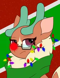Size: 2470x3192 | Tagged: safe, artist:mrneo, derpibooru import, cashmere (tfh), deer, reindeer, them's fightin' herds, cashmere is not amused, christmas, christmas lights, clothes, community related, holiday, image, jpeg, red nose, red nosed reindeer, scarf, solo