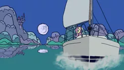 Size: 1920x1080 | Tagged: safe, artist:vulchrys, derpibooru import, fluttershy, pegasus, canterlot, happy birthday mlp:fim, image, mare in the moon, mlp fim's tenth anniversary, moon, newbie artist training grounds, photoshop, png, reflection, sailboat, solo, trace