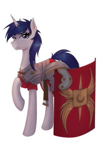 Size: 2126x3000 | Tagged: safe, artist:alicetriestodraw, derpibooru import, oc, oc:mysza, unofficial characters only, pony, unicorn, derpibooru community collaboration, 2021 community collab, armor, blue eyes, blue mane, blue tail, clothes, female, helmet, horn, image, javelin, legionary, mare, plate armor, png, roman, scutum, shield, simple background, solo, transparent background, weapon, white fur