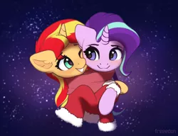 Size: 2600x2000 | Tagged: safe, artist:freeedon, derpibooru import, starlight glimmer, sunset shimmer, pony, unicorn, abstract background, blushing, bust, christmas, clothes, coat, commission, ear fluff, female, high res, holiday, hug, image, lesbian, looking at each other, mare, one eye closed, png, scarf, shared clothing, shared scarf, shimmerglimmer, shipping, smiling, starry background, sweater