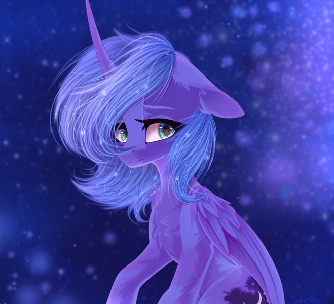 Size: 2097x1910 | Tagged: safe, artist:maybeweed, derpibooru import, princess luna, alicorn, pony, chest fluff, female, floppy ears, image, mare, png, s1 luna, solo, starry background