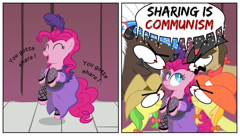 Size: 1340x760 | Tagged: safe, artist:knightoftheraven, derpibooru import, apple fritter, chief thunderhooves, jonagold, marmalade jalapeno popette, pinkie pie, sheriff silverstar, buffalo, earth pony, pony, 2 panel comic, angry, apple family member, bulging eyes, clothes, colored, comic, communism, dancing, drama bait, dress, english, female, flat colors, glare, image, long neck, male, mare, op is a duck, op is trying to start shit, png, saloon dress, saloon pinkie, scrunchy face, show accurate, singing, speech bubble, stallion, you gotta share