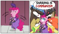 Size: 1340x760 | Tagged: safe, artist:knightoftheraven, derpibooru import, apple fritter, chief thunderhooves, jonagold, marmalade jalapeno popette, pinkie pie, sheriff silverstar, buffalo, earth pony, pony, 2 panel comic, angry, apple family member, bulging eyes, clothes, colored, comic, communism, dancing, drama bait, dress, english, female, flat colors, glare, image, long neck, male, mare, op is a duck, op is trying to start shit, png, saloon dress, saloon pinkie, scrunchy face, show accurate, singing, speech bubble, stallion, you gotta share