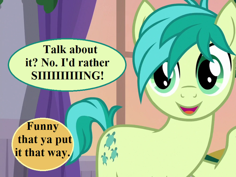 Size: 880x660 | Tagged: safe, derpibooru import, edit, edited screencap, screencap, sandbar, sounds of silence, the hearth's warming club, cropped, curtains, cute, dialogue, image, implied applejack, implied autumn blaze, png, sandabetes, school of friendship, smiling, speech bubble