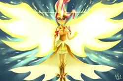 Size: 1920x1260 | Tagged: safe, artist:jphyperx, derpibooru import, sunset shimmer, human, equestria girls, friendship games, daydream shimmer, fire, glowing horn, horn, image, jpeg, lens flare, sparks, wings