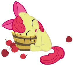 Size: 960x872 | Tagged: safe, artist:purplefairy456, derpibooru import, apple bloom, earth pony, pony, apple, blank flank, bucket, eyes closed, food, image, open mouth, png, simple background, solo, transparent background, vector