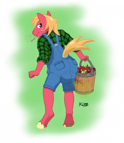 Size: 1108x1280 | Tagged: questionable, derpibooru import, big macintosh, anthro, earth pony, unguligrade anthro, apple, bucket, clothes, diaper, diaper fetish, fart, fetish, food, image, jpeg, looking back, male, messy, messy diaper, overalls, plaid shirt, poop, pooping, poopy diaper, scrunchy face, shirt, snorting, solo