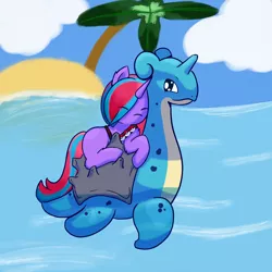 Size: 1200x1200 | Tagged: safe, artist:backgroundpony#f352, derpibooru import, oc, unofficial characters only, lapras, pony, unicorn, + artist:backgroundpony#f352, cute, eyes closed, image, island, ocean, palm tree, png, pokémon, sleeping, tree