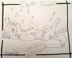 Size: 1440x1164 | Tagged: safe, artist:silentwolf-oficial, derpibooru import, oc, oc:silent wolf, unofficial characters only, pony, unicorn, eyes closed, horn, image, jpeg, leonine tail, lying down, music notes, on back, signature, solo, traditional art, unicorn oc