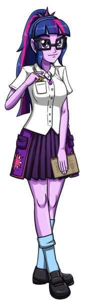 Size: 920x3000 | Tagged: safe, artist:artemis-polara, derpibooru import, sci-twi, twilight sparkle, equestria girls, alternate design, book, clothes, geode of telekinesis, glasses, image, magical geodes, pencil, png, shirt, shoes, simple background, skirt, smiling, socks, solo, transparent background