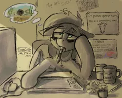 Size: 2178x1742 | Tagged: safe, artist:dreamyskies, derpibooru import, fluttershy, oc, oc:dreamer skies, pegasus, pony, bruised, coffee mug, computer, cyrillic, depression, exhausted, image, insomnia, mug, pegasus oc, pencil, png, quick draw, russian, sad, sketch, tablet, text, tired, wings