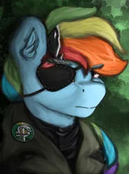 Size: 724x974 | Tagged: safe, artist:tekggd, derpibooru import, rainbow dash, pony, clothes, das vaterland, eyepatch, female, image, mare, png, solo, venom snake