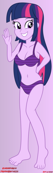 Size: 3272x10598 | Tagged: suggestive, artist:alandssparkle, derpibooru import, twilight sparkle, twilight sparkle (alicorn), alicorn, equestria girls, adorasexy, barefoot, belly button, bikini, breasts, clothes, cute, digital art, feet, female, gradient background, image, looking at you, png, sexy, simple background, smiling, smiling at you, solo, striped swimsuit, swimsuit, twiabetes, waving