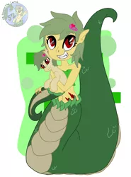 Size: 2203x2984 | Tagged: safe, artist:shappy the lamia, derpibooru import, oc, oc:shappy, earth pony, hybrid, lamia, original species, semi-anthro, equestria girls, arms, beautiful, belly, belly button, brooch, cute, elf ears, equestria girls-ified, fangs, grin, happy, hips, hug, huggable, hugging a pony, image, jewelry, plushie, png, red eyes, scales, short hair, short mane, slit eyes, smiling, snake eyes, snake tail