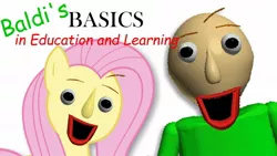 Size: 1280x720 | Tagged: safe, artist:vannamelon, derpibooru import, fluttershy, human, pony, baldi, baldi's basics in education and learning, creepy, cursed image, duo, image, jpeg, simple background, text, uncanny valley, video game, white background, wtf, youtube thumbnail