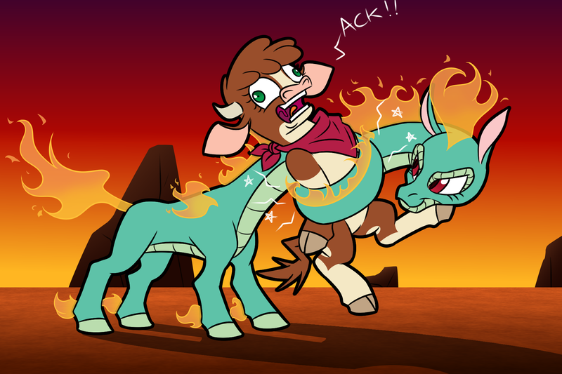 Size: 1800x1200 | Tagged: safe, artist:redahfuhrerking, derpibooru import, arizona cow, tianhuo, cow, dragon, hybrid, longma, rokurokubi, them's fightin' herds, are you frustrated?, arizona cow is not amused, bandana, cloven hooves, coiling, community related, constriction, derp, duo, female, image, long neck, meme, png, prehensile neck, squeezing