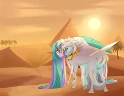 Size: 4500x3500 | Tagged: safe, artist:luna dave, derpibooru import, princess celestia, oc, oc:light knight, alicorn, pegasus, pony, clothes, desert, egyptian, image, jewelry, loincloth, png, pyramid, regalia