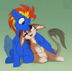 Size: 3500x3491 | Tagged: safe, artist:airfly-pony, derpibooru import, oc, oc:case, oc:wing hurricane, unofficial characters only, pegasus, pony, unicorn, cute, female, hug, image, looking up, male, not shipping, png, wings