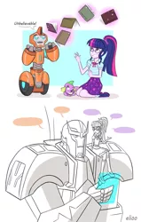 Size: 1333x2100 | Tagged: safe, artist:elioo, derpibooru import, sci-twi, spike, twilight sparkle, dog, equestria girls, autobot, book, crossover, cybertronian, datapad, doodle, female, fixit, geode of telekinesis, glasses, image, jpeg, kneeling, levitation, magic, magical geodes, male, ratchet, speech bubble, telekinesis, transformers, transformers prime, transformers robots in disguise (2015)