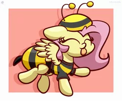 Size: 2850x2360 | Tagged: safe, artist:kimjoman, derpibooru import, fluttershy, bee, insect, pegasus, pony, :p, animal costume, bee costume, clothes, costume, cute, eyes closed, female, flutterbee, hat, image, jpeg, mare, raised hoof, raised leg, shirt, shyabetes, solo, t-shirt, tongue out