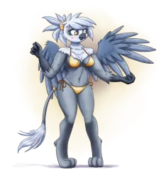 Size: 2270x2500 | Tagged: suggestive, artist:king-kakapo, derpibooru import, oc, oc:panne, unofficial characters only, anthro, digitigrade anthro, gryphon, belly button, bikini, blushing, breasts, cheek fluff, cleavage, clothes, commission, griffonized, image, jewelry, png, ring, side-tie bikini, simple background, solo, species swap, spread wings, swimsuit, tail, tail ring, transparent background, wings, yellow swimsuit