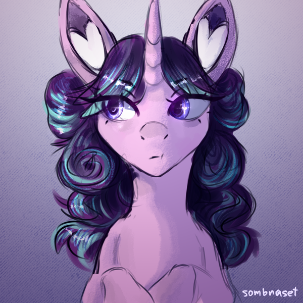 Size: 1000x1000 | Tagged: safe, artist:sombraset, derpibooru import, starlight glimmer, pony, unicorn, alternate hairstyle, bust, female, gradient background, image, looking sideways, png, portrait, solo