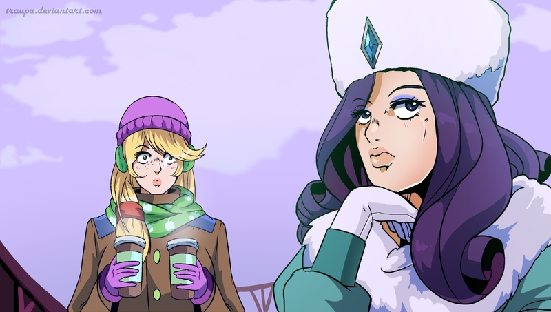 Size: 2100x1190 | Tagged: safe, artist:traupa, derpibooru import, applejack, rarity, human, anime, coffee, diamond is unbreakable, duo, duo female, female, hot coffee, humanized, image, jojo's bizarre adventure, jpeg, morioh