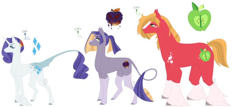 Size: 4000x1843 | Tagged: safe, artist:0tinybitobsessive0, derpibooru import, big macintosh, rarity, oc, oc:honey crisp, classical unicorn, earth pony, pony, unicorn, cloven hooves, family, female, image, leonine tail, male, mare, missing accessory, offspring, parent:big macintosh, parent:rarity, parents:rarimac, png, rarimac, reference sheet, shipping, simple background, stallion, straight, transparent background, unshorn fetlocks