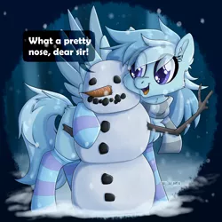 Size: 2000x2000 | Tagged: safe, artist:dreamy, artist:lionbun1, artist:littledreamycat, derpibooru import, oc, oc:winter love, unnamed oc, unofficial characters only, pegasus, pony, big eyes, carrot, clothes, cute, female, food, high res, image, mare, png, scarf, snow, snowfall, snowman, socks, solo, stockings, striped socks, thigh highs, winter